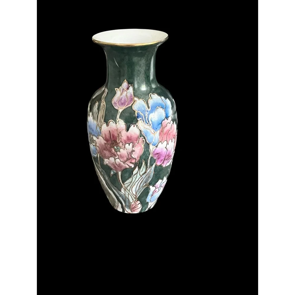 Vintage Hand Painted Chinese Porcelain Floral Vase Emerald Green Gilt 6.5in